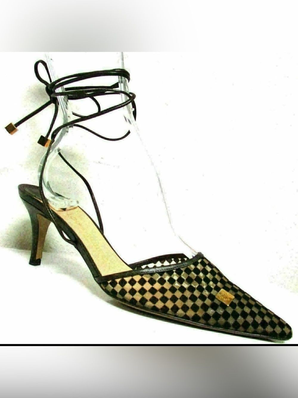Louis Vuitton Mesh Damier Kitten Heel Lace Up Pumps Black Sheer 6.5 - Picture 4 of 14